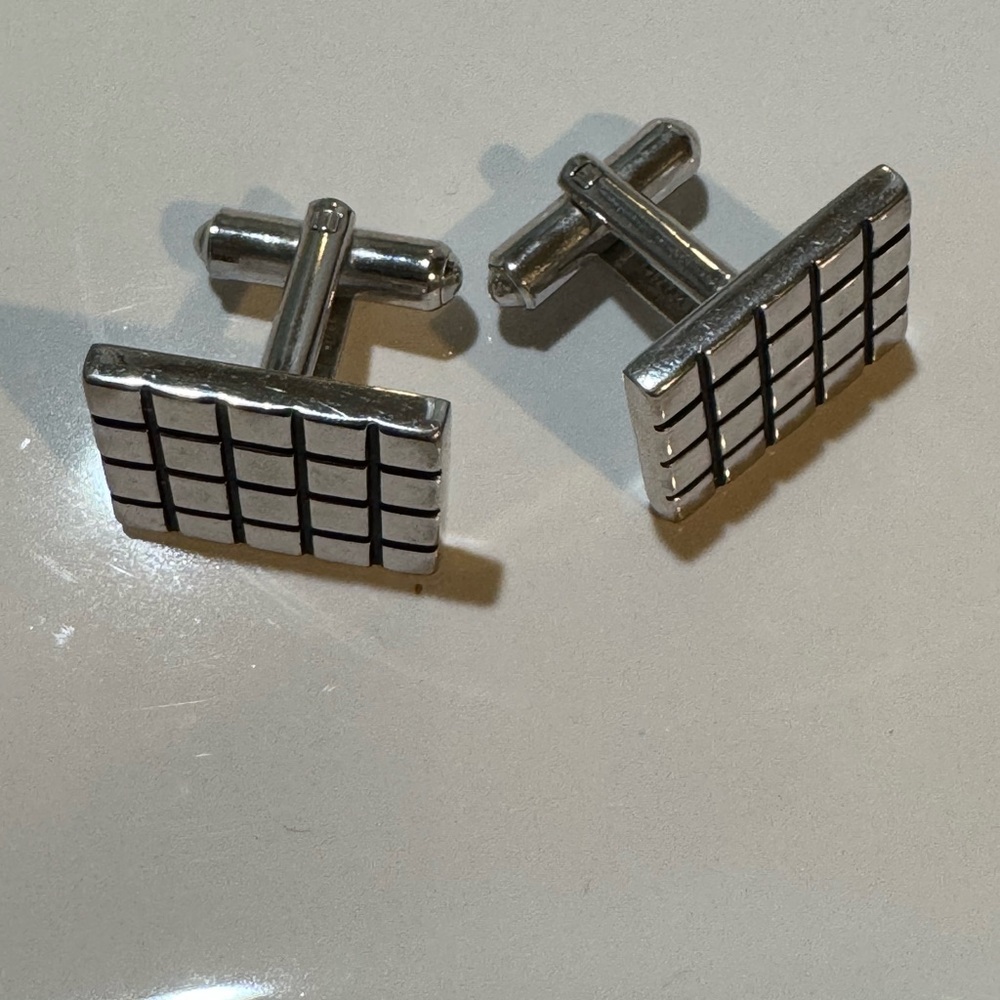 Silver Textured Grid Cuff Links with Toggle Closure